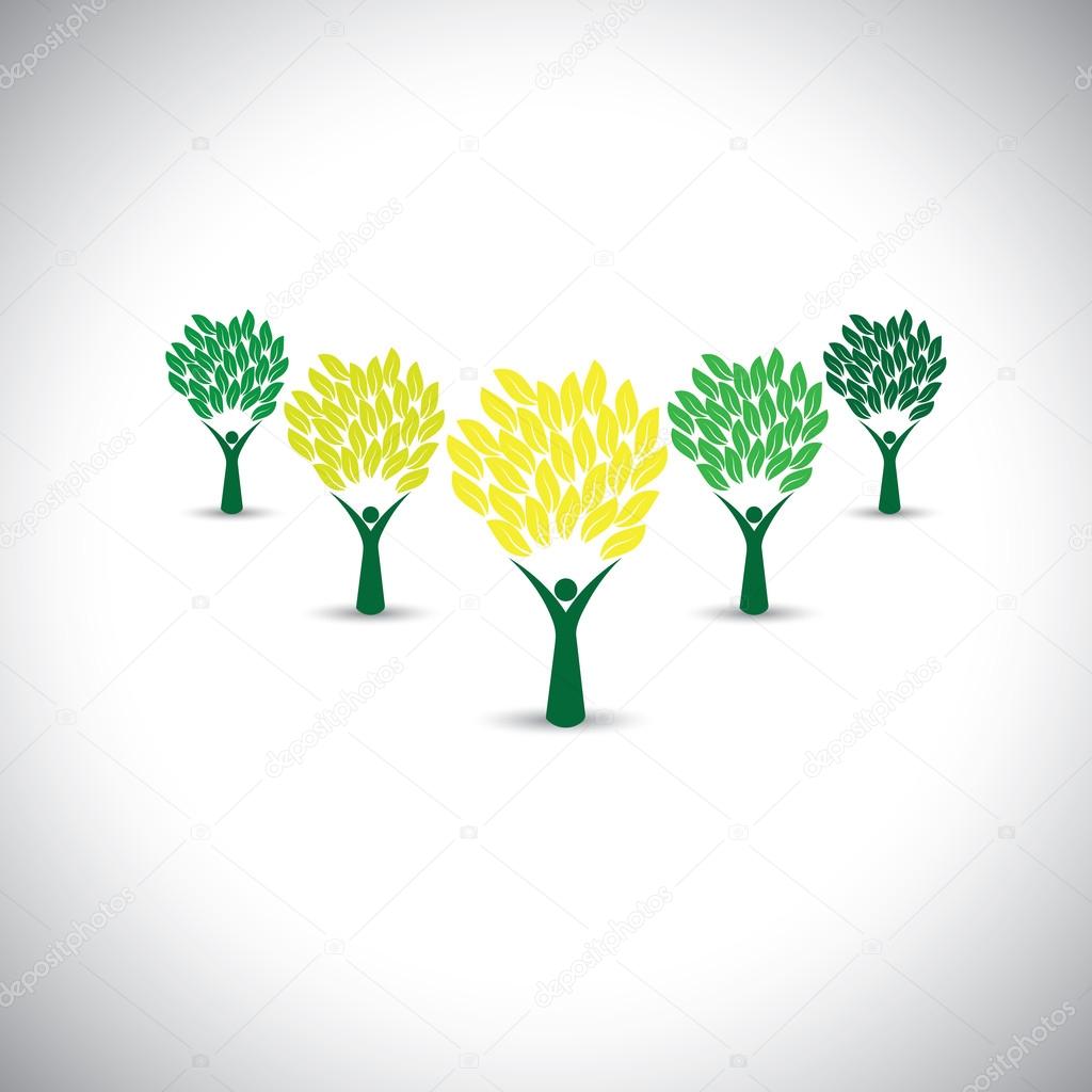 Happy, joyous people as trees of life - eco concept vector. This graphic icons also represents harmony, joy, happiness, friendship, education, peace, development, healthy growth, sustainability