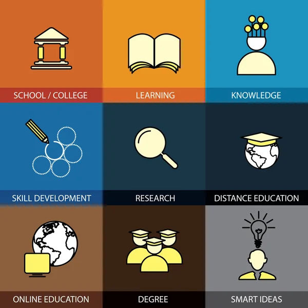 Ensemble de design plat d'icônes de ligne vectorielle de l'école et du collège, univer — Image vectorielle