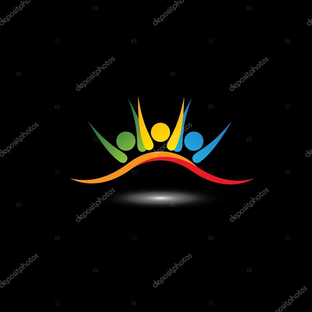Concept vector icon of happy friends together. This vector graphic also represents excited kids, motivated staff, inspired office people, happy children playing, friends partying frenzy