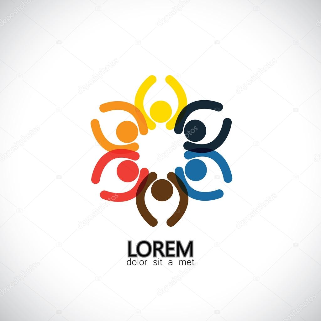 Enthusiastic excited people, employees in circle - concept vector graphic. This abstract icon also represents teamwork team spirit cooperation alliance bonding engagement interaction community