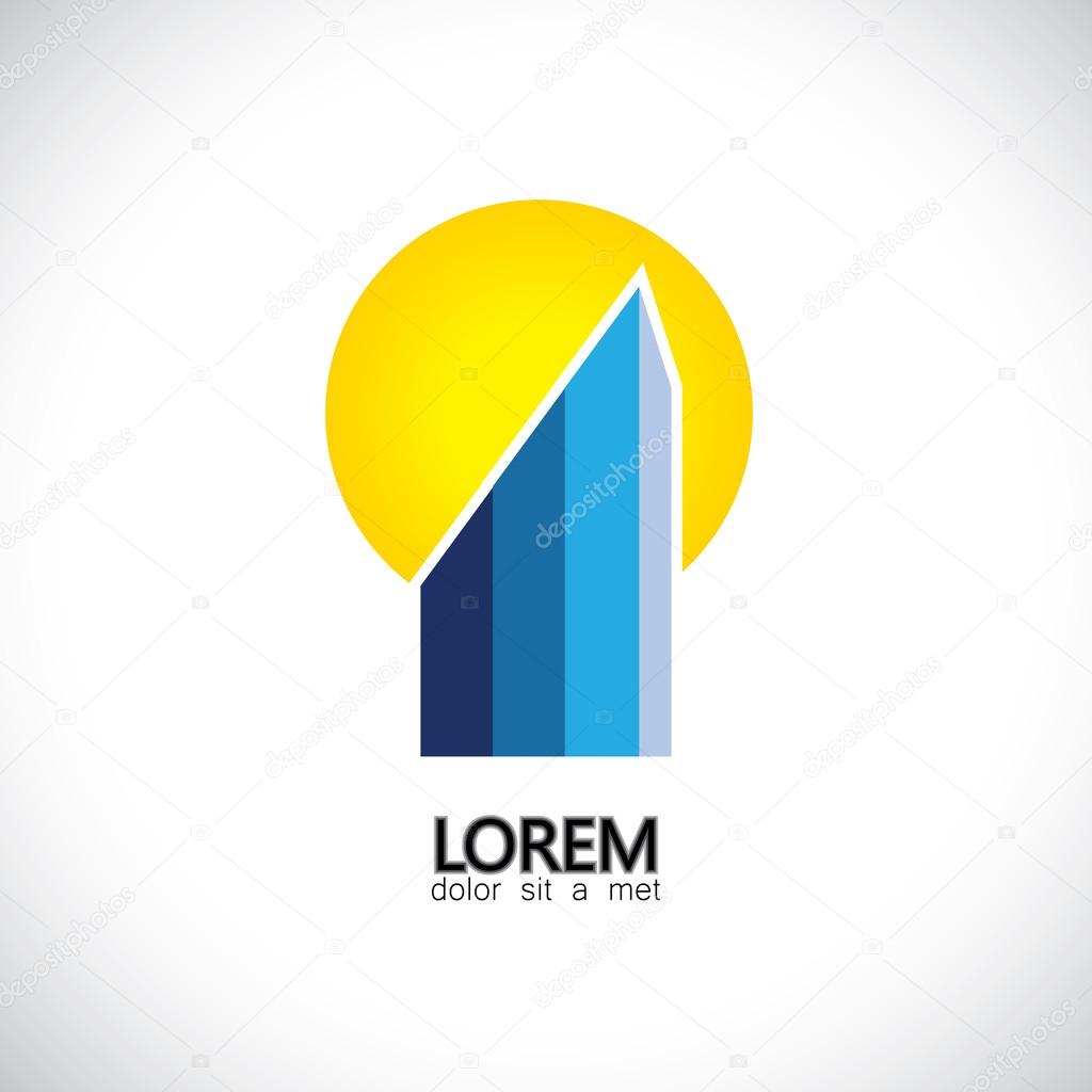 Vector icon commercial highrise building & sun setting in evening. This graphic can also represent real estate property market, skycrapers, tall office buildings, city skyline, office spaces