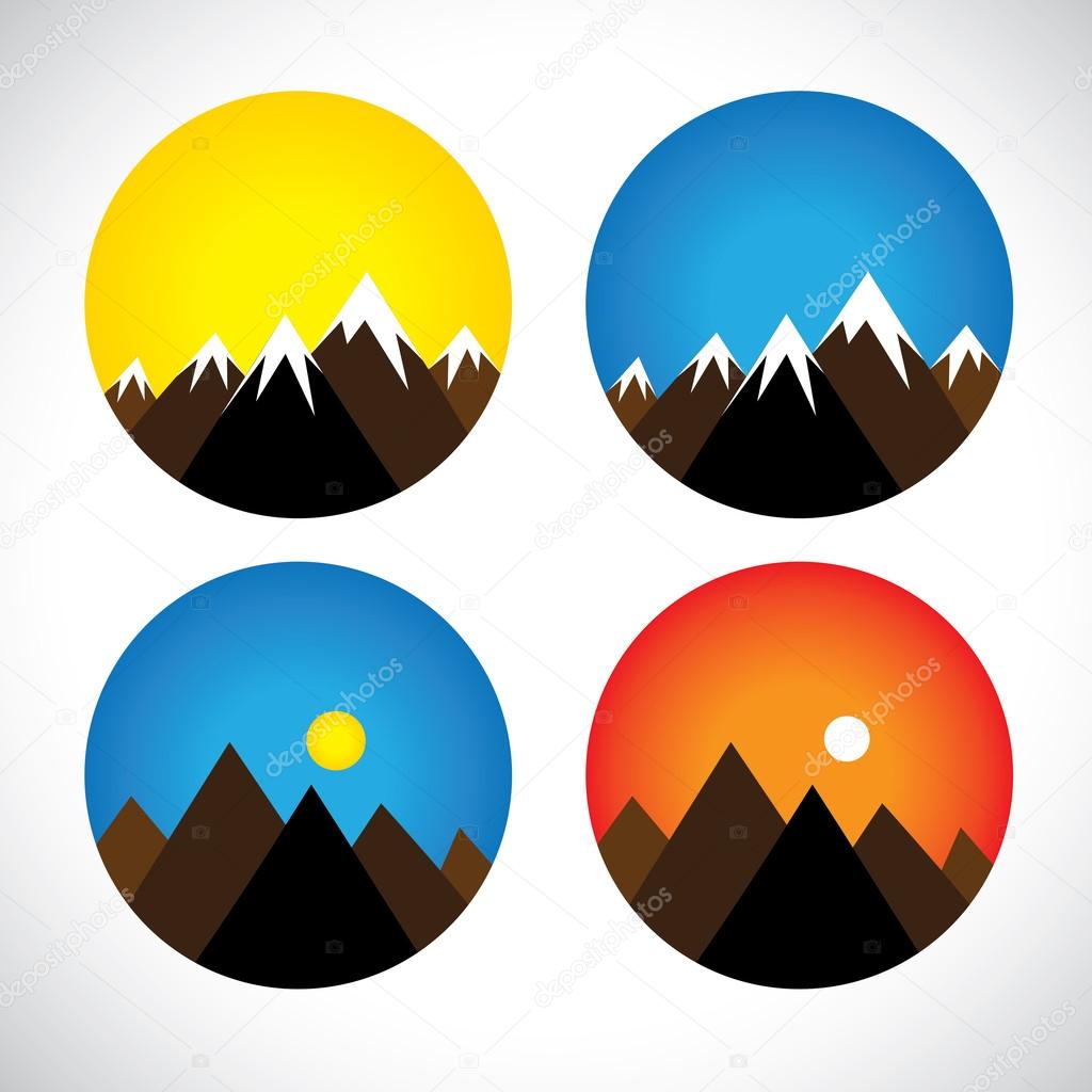 icons of hills & peaks with snow in evenings, mornings - concept