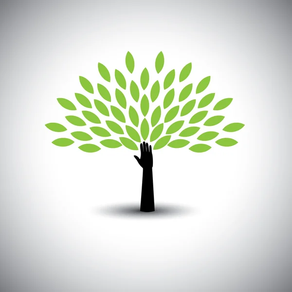 Mano humana & icono del árbol con hojas verdes - vector concepto ecológico . — Archivo Imágenes Vectoriales