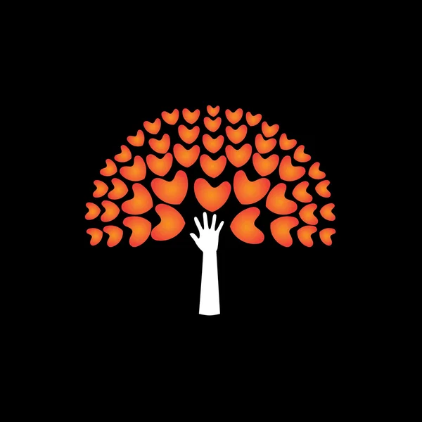 Árbol de corazones de amor y de la mano en apoyo - icono de vector concepto — Vector de stock