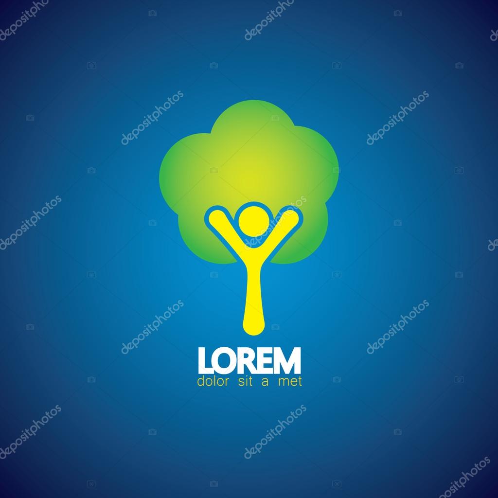 Humans & nature as a tree in balance & harmony - concept vector icon. This also represents sustainable eco system, preservation, growth & development of forests, charity & support of natural resources