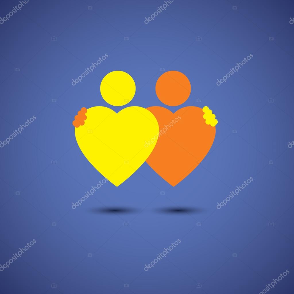 Friendship hug, couple in deep love concept vector icon of hearts together. This also represents couple in love, hug & embrace, close friends together, events like engagement, marriage, live-in
