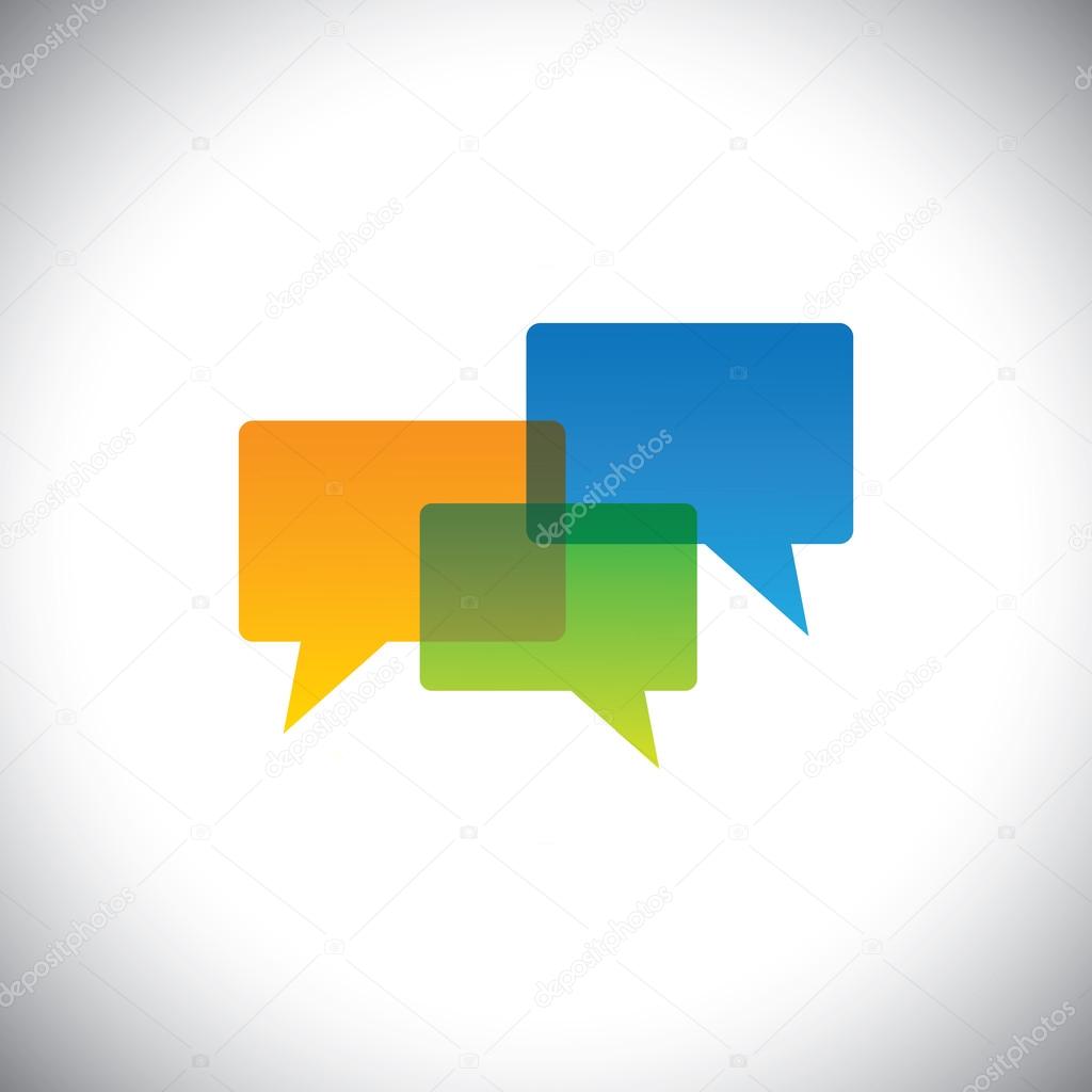 Vector icon of empty colorful chat icons in transparent colors. This also represents people meeting, discussions, forum interactions, social media exchanges, contact us and faqs of websites