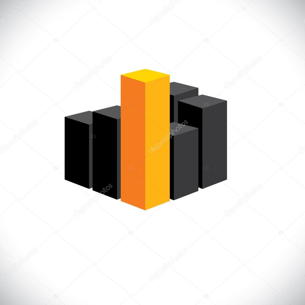 Vector icon 3d bar graph or city highrise buildings. This also represents construction industry, tall towers, city downtown, urban architecture, graphical statistics, etc