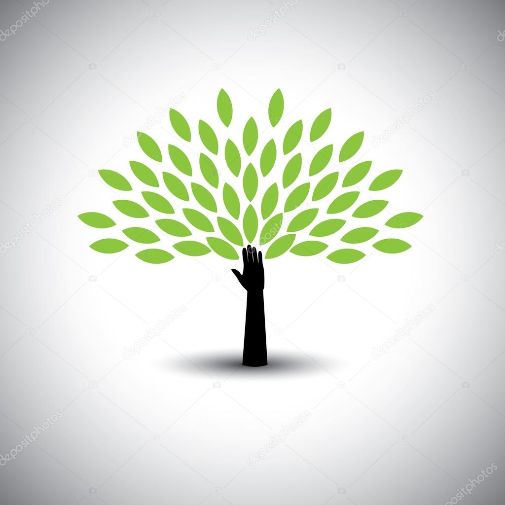 Human hand & tree icon with green leaves - eco concept vector. This graphic also represents environmental protection, nature conservation eco friendly growth & expansion, sustainability nature loving