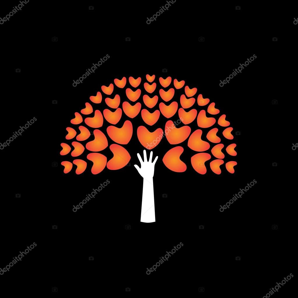 Tree of love hearts and hand in support - concept vector icon. This graphic also represents harmony hope humaneness balance empathy expansion growth