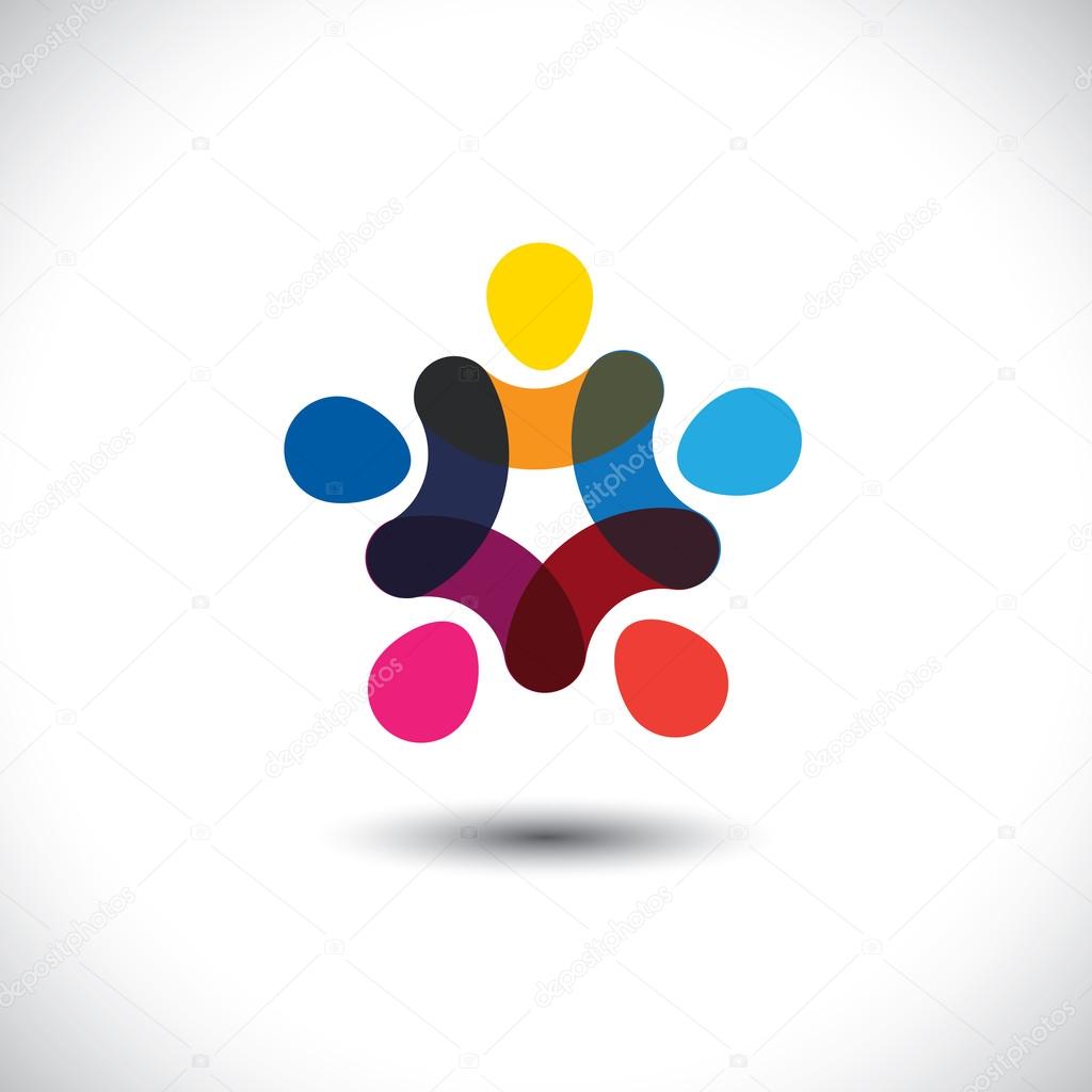 Concept of community unity, solidarity & friendship - vector graphic. This logo template also represents colorful kids playing together holding hands in circles, union of workers, employees meeting