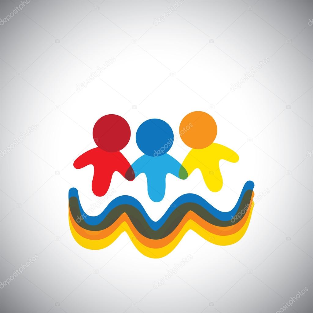 Vector icon of team and teamwork. This also represents social network, partners friends, children together playing, friendship, partnership, cooperation, unity, fun, merry, waves.