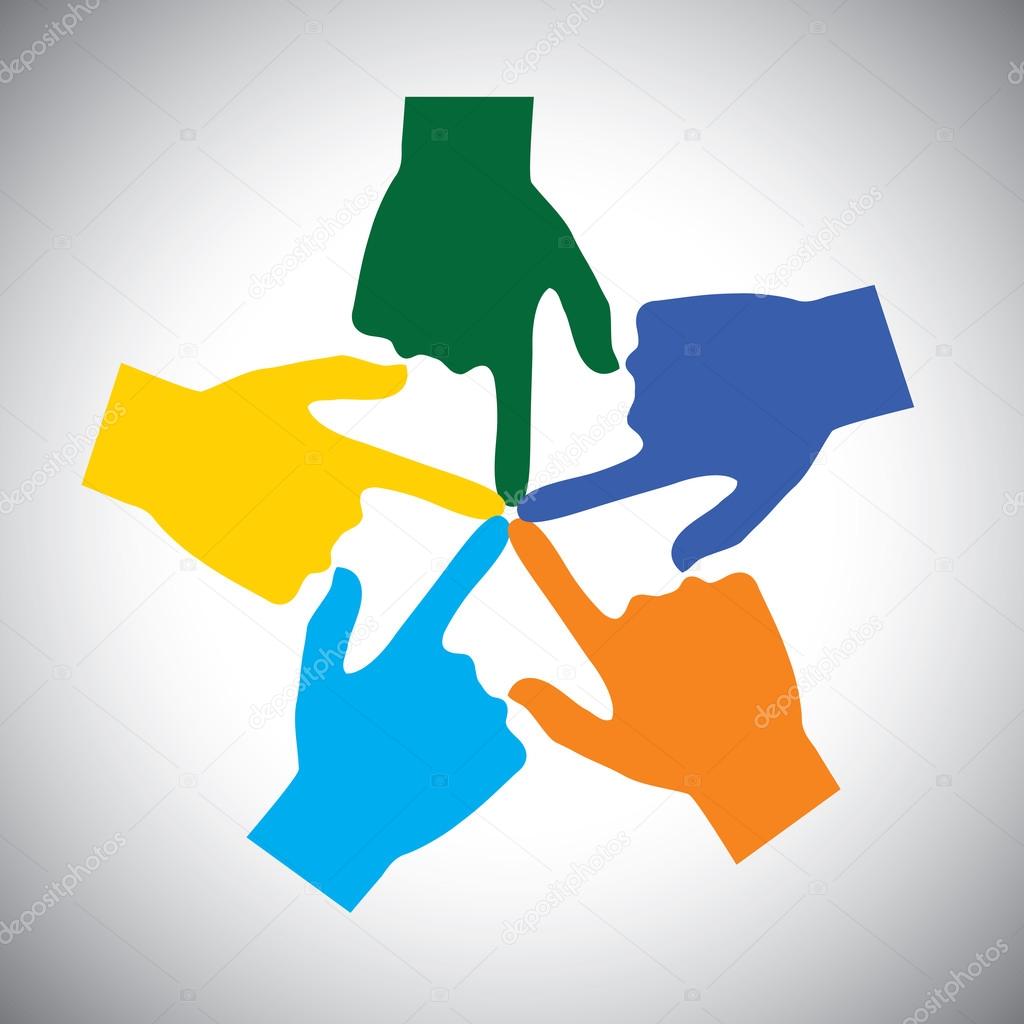 vector icon of many hands touching each other - concept of unity