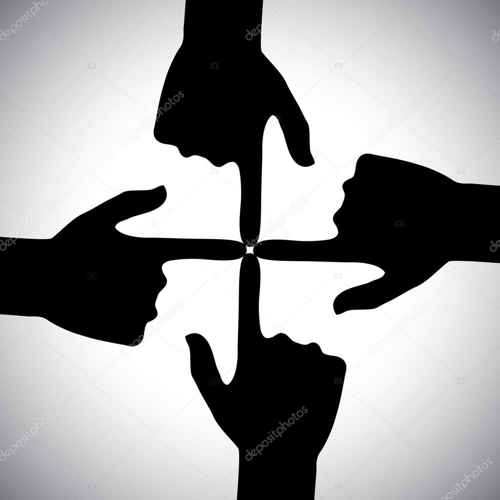 vector icon of four hands pointing each other - concept of unity