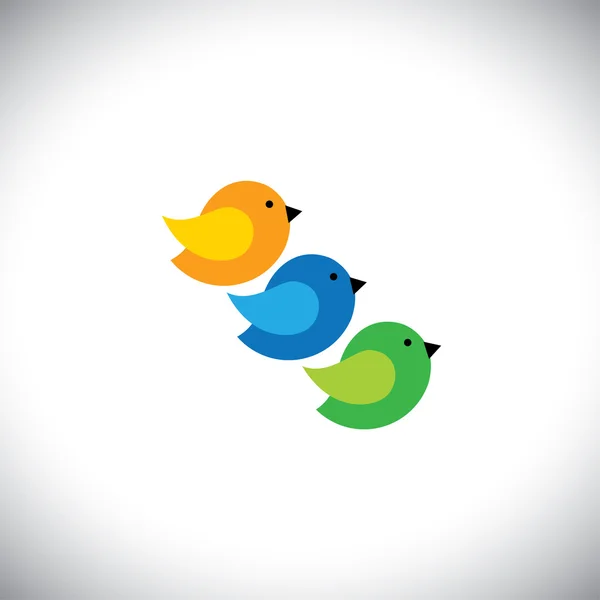 Trzy słodkie ptaków w kolorach pomarańczowym, niebieskim i grren - wektorowe ikony — Wektor stockowy