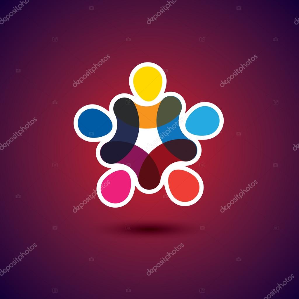 Concept of community unity, solidarity & friendship - vector graphic. This logo template also represents colorful kids playing together holding hands in circles, union of workers, employees meeting