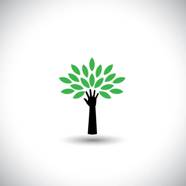 Menschliche Hand & Baum-Ikone mit grünen Blättern - Öko-Konzeptvektor — Stockvektor