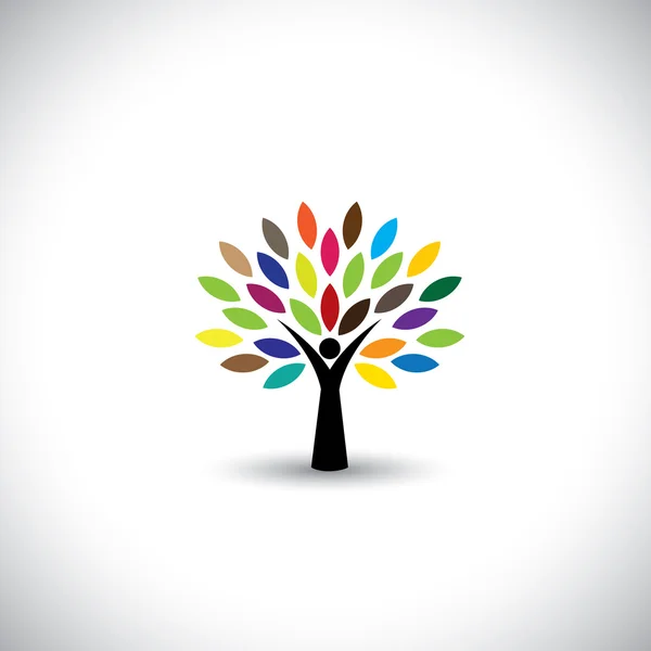 Icono del árbol de la gente con hojas de colores - vector concepto ecológico — Vector de stock