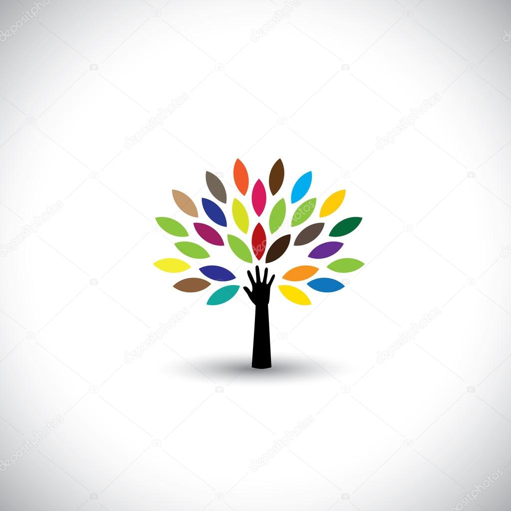 People tree icon with colorful leaves - eco concept vector. This graphic also represents peace, union, unity, embrace, blend, join, unify, renewable, sustainability, harmony