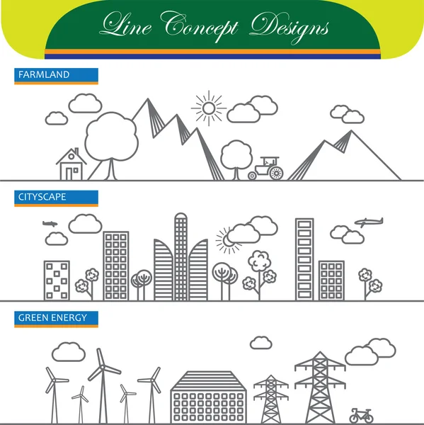 Vector iconos concepto de línea de paisaje urbano de tierras de cultivo e ir verde ene — Vector de stock