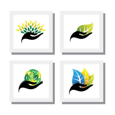 set of logo designs of hand holding colorful leaves - vector ico