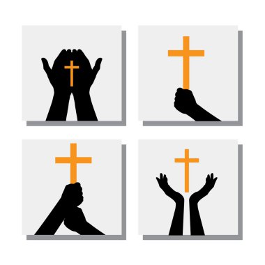 set of hands holding christian cross - vector icons