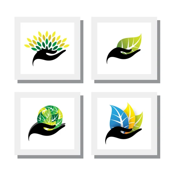 Set of logo designs of hand holding colorful leaves - vector ico — 图库矢量图片