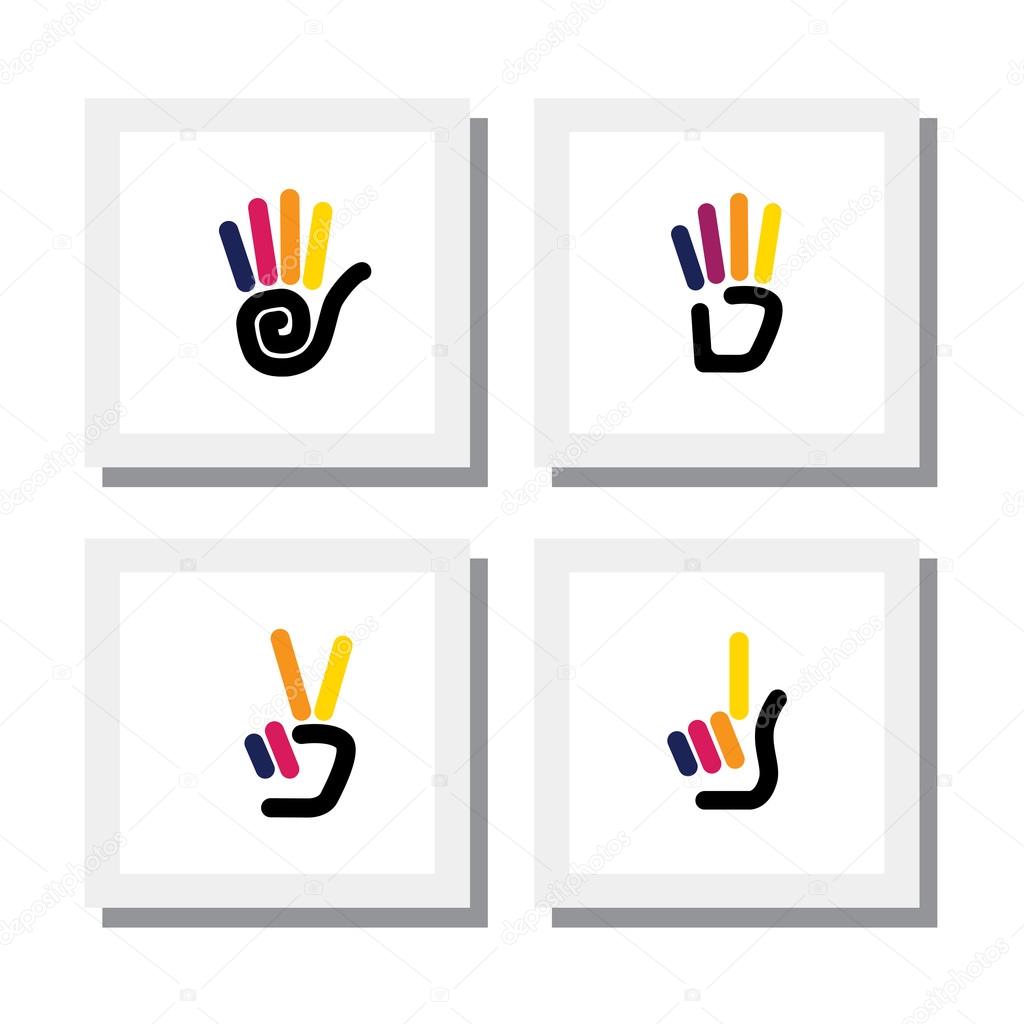 Set of logo designs of colorful hand gestures of numbers - vector icons. this also represents concepts like stop, wait, counting numbers, victory sign, one, two, four, five, greeting hi or hello