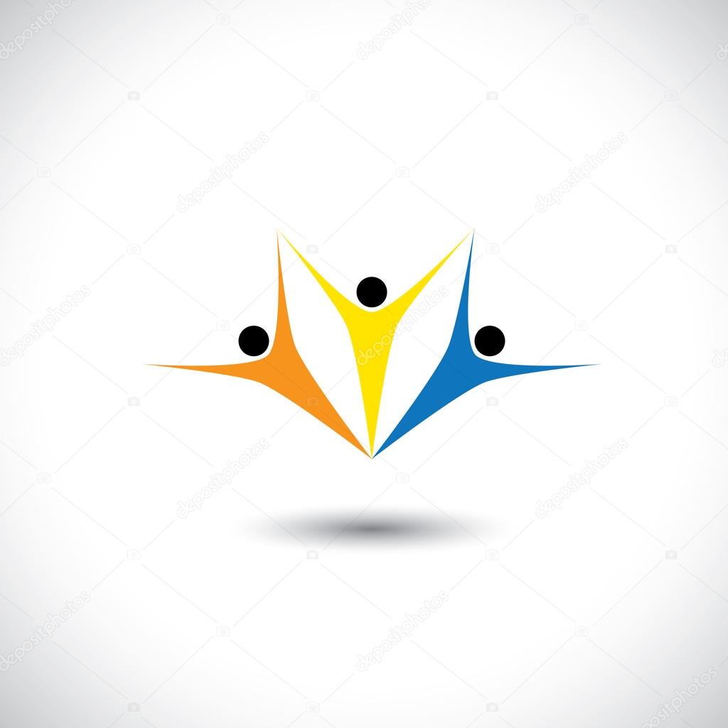 Concept vector icon of happy friends together. This vector graphic also represents excited kids, motivated staff, inspired office people, happy children playing, friends partying frenzy