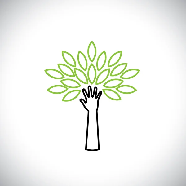 Hand & tree line icon with green leaves - eco concept vector — Stock Vector