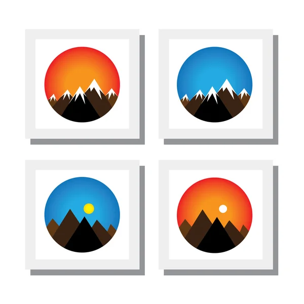 Puesta de sol, salida del sol en los picos de las montañas - iconos vectoriales — Vector de stock