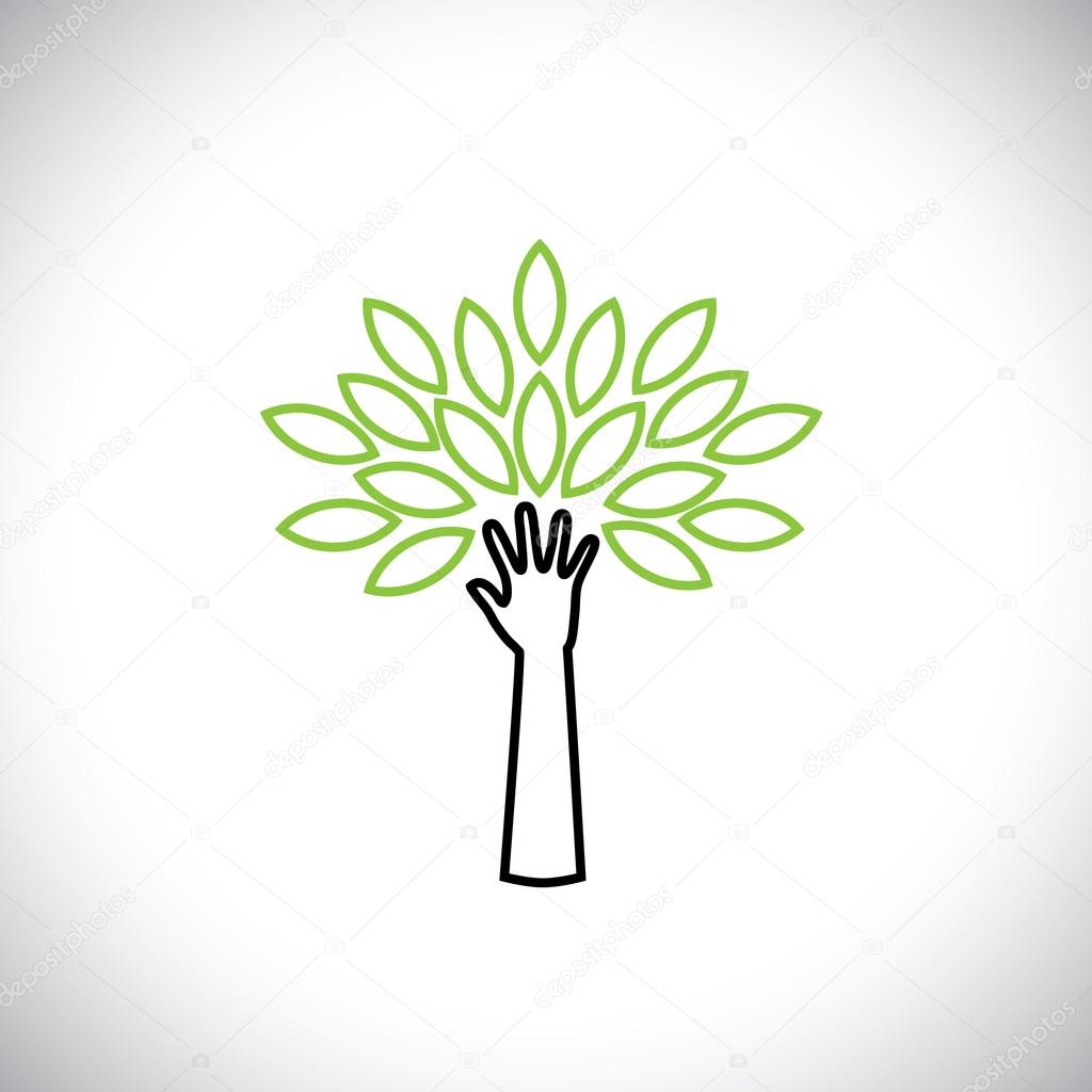 hand & tree line icon with green leaves - eco concept vector
