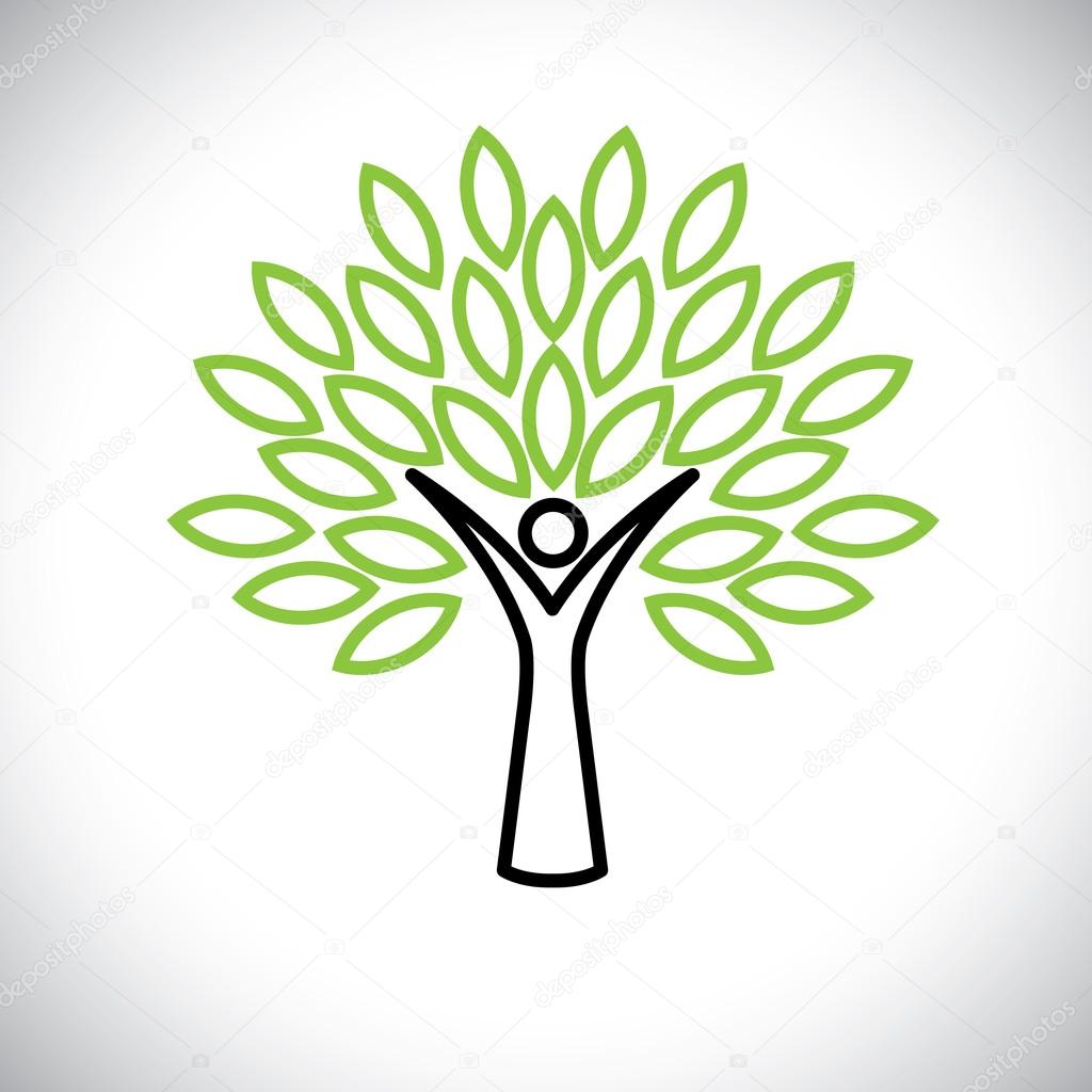 people tree line icon with green leaves - eco concept vector