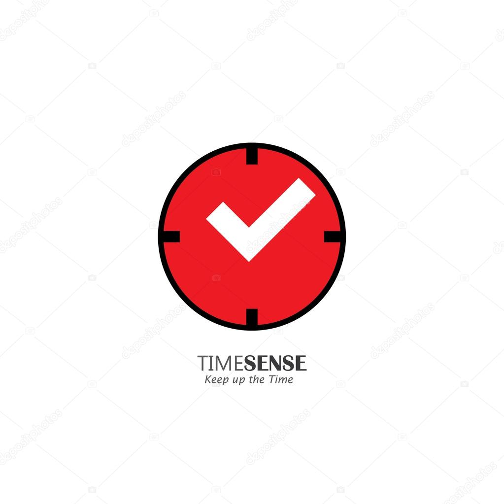 Clock vector icon with red dial and handles as check mark indicating right time