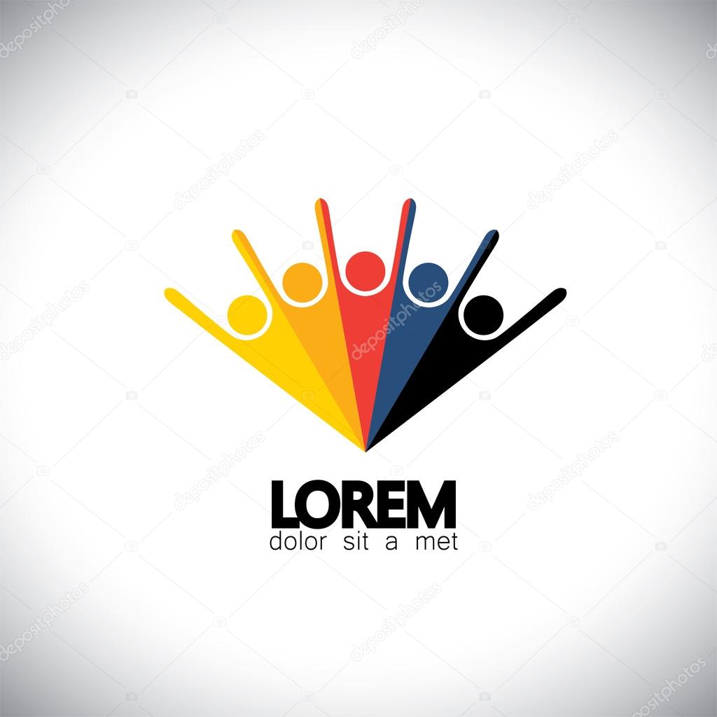 Lively happy excited people friends logo concept vector icon. this icon also represents friendship, partnership cooperation, unity, excitement, happiness, children playing, fun & frolic, entertainment