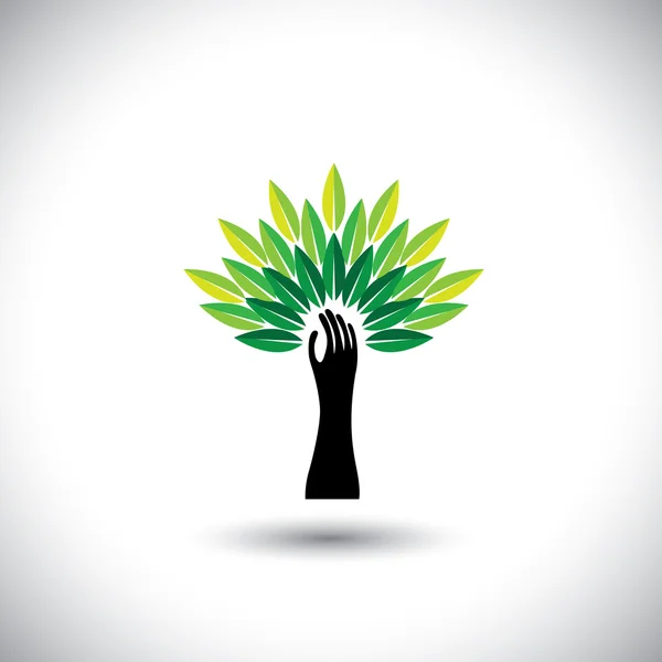 Mano humana & icono del árbol con hojas de colores - vector concepto ecológico — Vector de stock