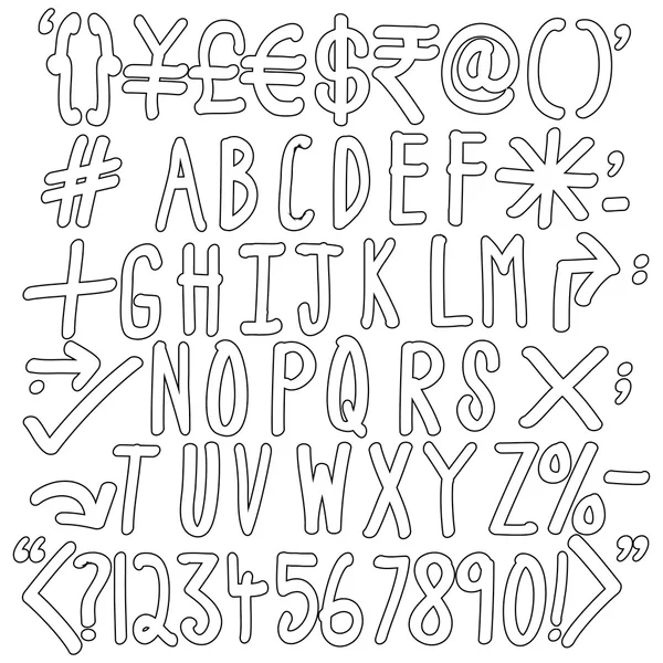 Esquema de alfabetos, números y caracteres especiales - escritura manual — Archivo Imágenes Vectoriales