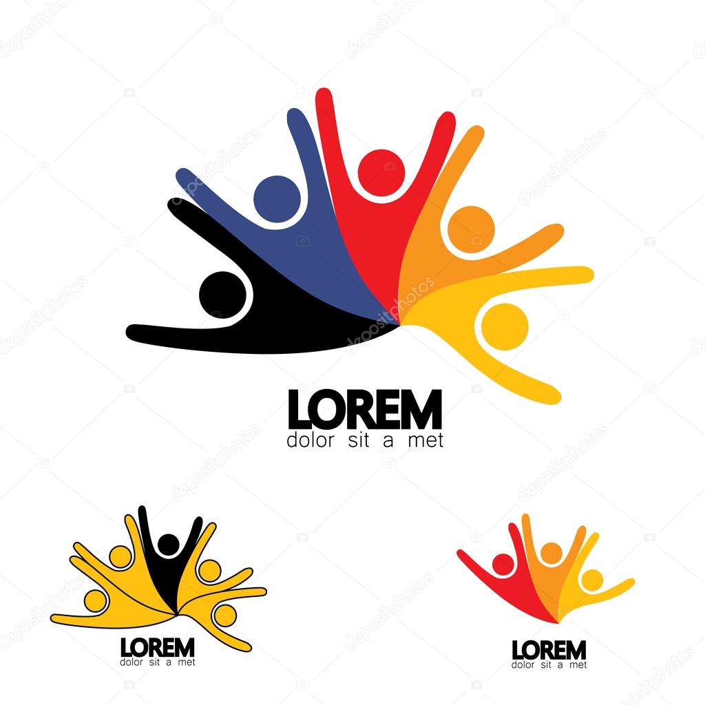 Concept vector icon of happy friends together. This vector graphic also represents excited kids, motivated staff, inspired office people, happy children playing, friends partying frenzy