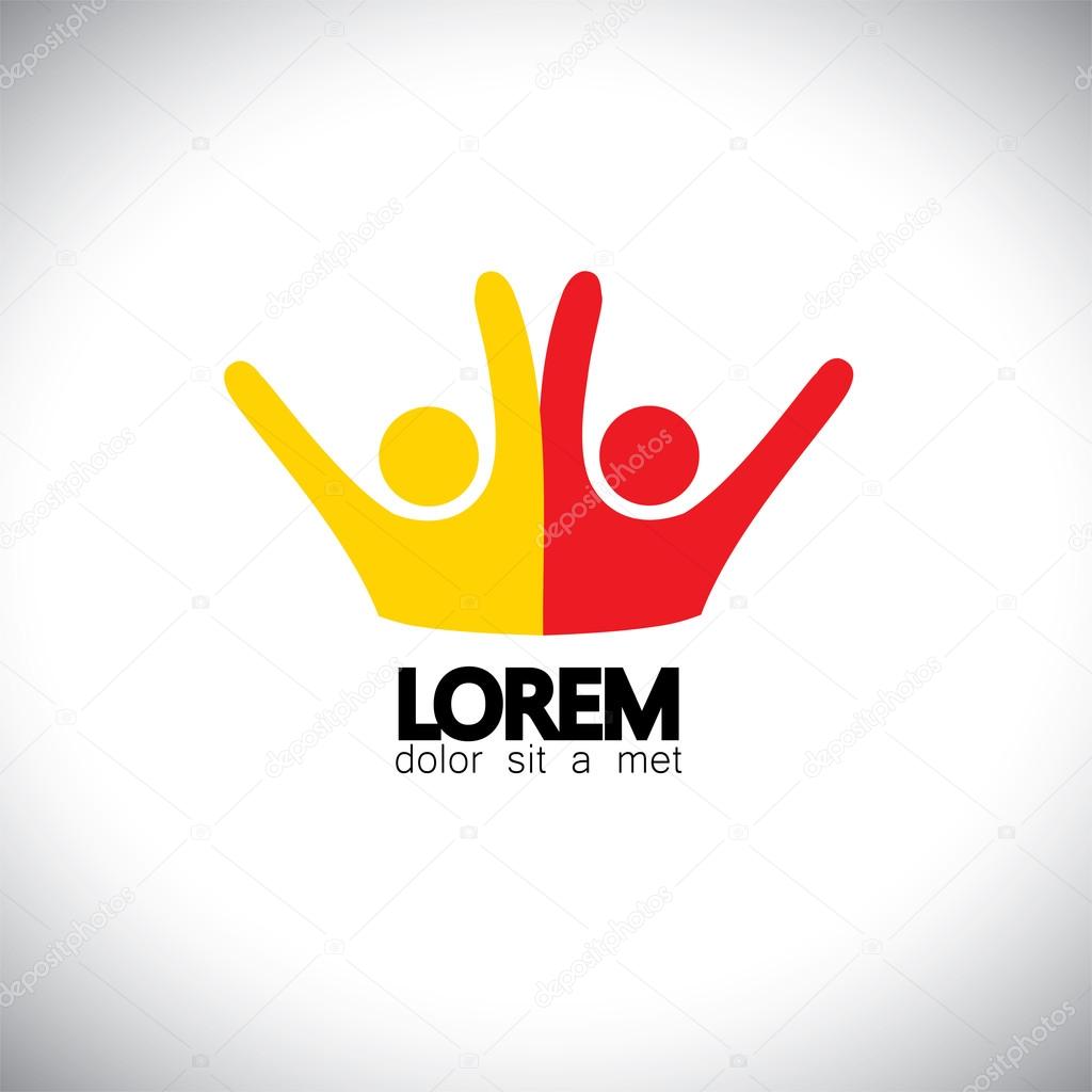 Lively happy excited people friends logo concept vector icon. this icon also represents friendship, partnership cooperation, unity, excitement, happiness