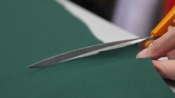 Medewerker snijdt stuk groen weefsel met een scherpe schaar — Stockvideo