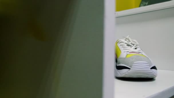 Пара стильных обновленных кроссовок стоит на белой полке — стоковое видео