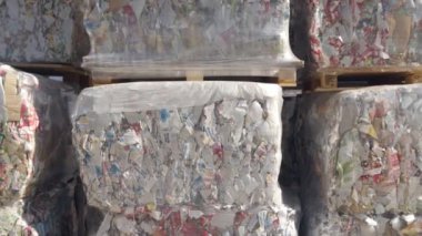 Bahçedeki ahşap paletler üzerinde yeniden kullanılabilir kağıt atığı blokları