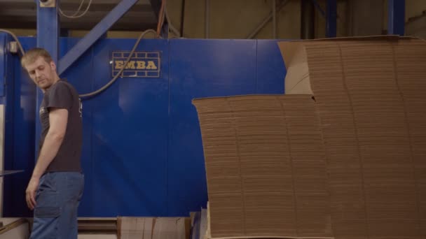 Mitarbeiterin bringt gefaltete Pappkartons auf Werkbank — Stockvideo
