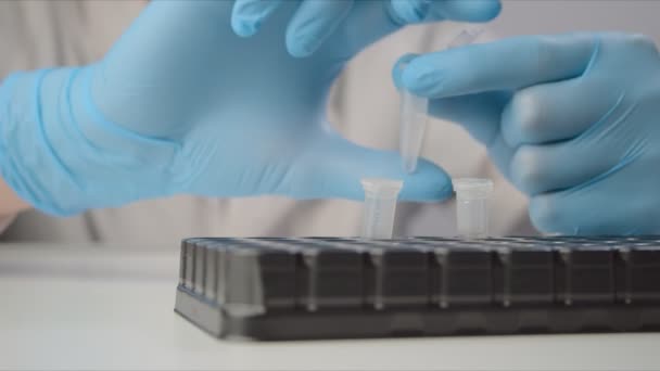 L'uomo mette tubo con materiale per test coronavirus su rack — Video Stock