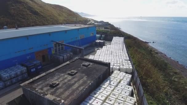 Bunker med mellomliggende bulkcontainere nær blått lager – stockvideo