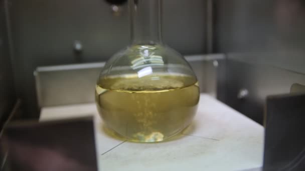 Liquido giallo bollente in fiaschetta di attrezzature contemporanee — Video Stock