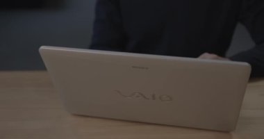 Kadın laptopta çalışıyor. Ofisteki ahşap masada oturuyor.