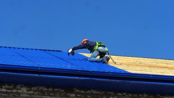 Człowiek zdejmuje arkusz falistego pokładu na dachu w słoneczny dzień — Wideo stockowe