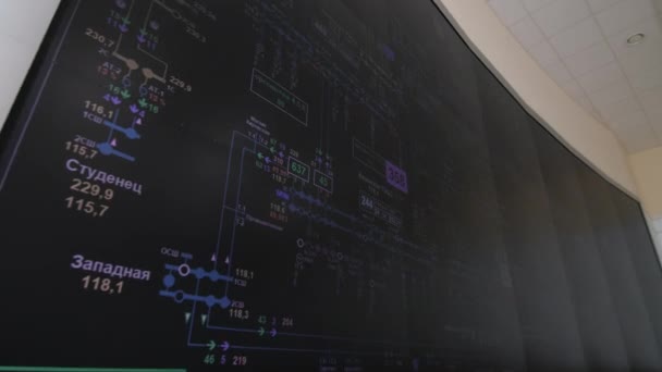 Kontrol odasında bağlantı ekipmanı şeması olan bir monitör — Stok video