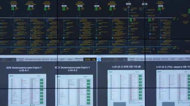 Enorm skärm med utrustning anslutning schema i kontrollrummet — Stockvideo